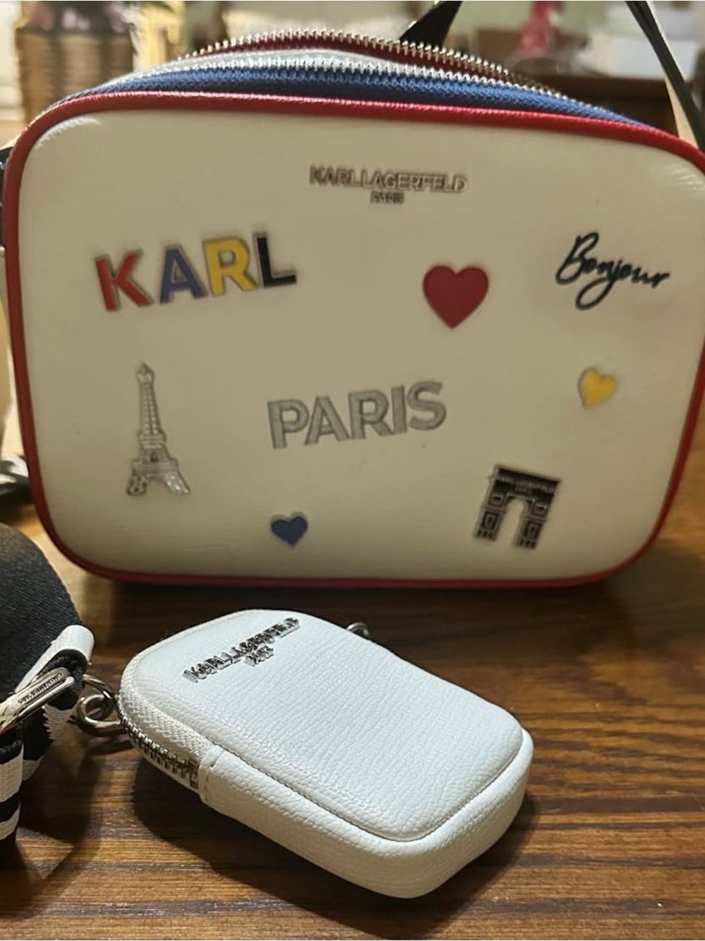 Karl Lagerfeld White Crossbody Bag with Red Trim and Multicolor Paris Patches